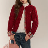 Embroidered sweater with checked knitted cardigan
